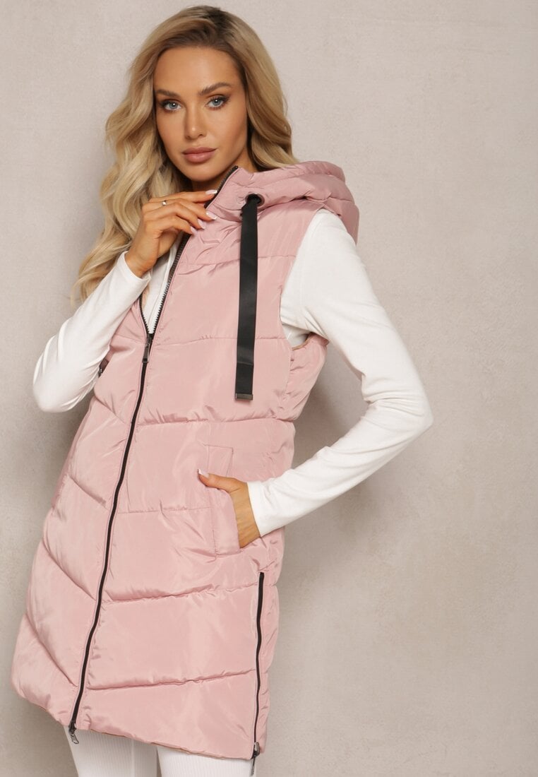 Różowa Długa Kamizelka Pikowana ze Sznurkami przy Kapturze Frenila