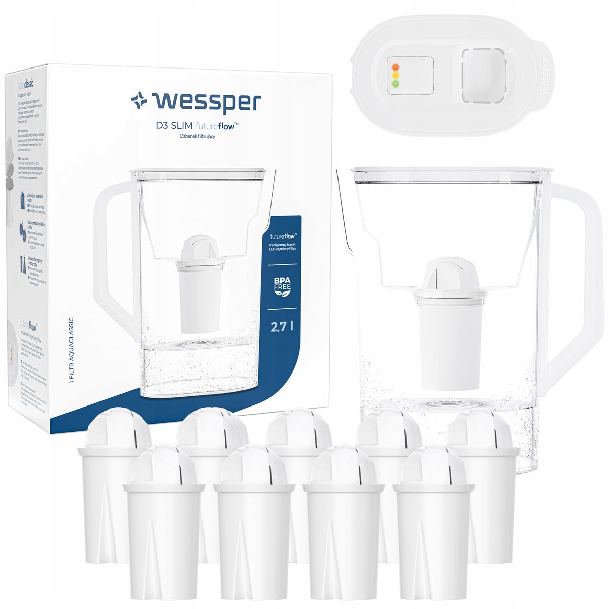 Dzbanek filtrujący do lodówki Wessper D3 Slim FutureFlow LED + 10x Filtr