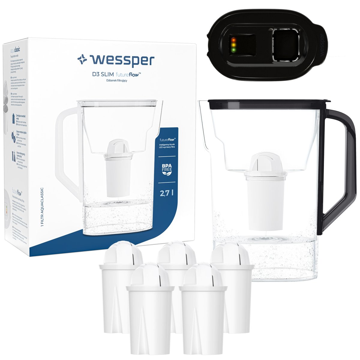Dzbanek filtrujący do lodówki Wessper D3 Slim FutureFlow LED + 6x Filtr
