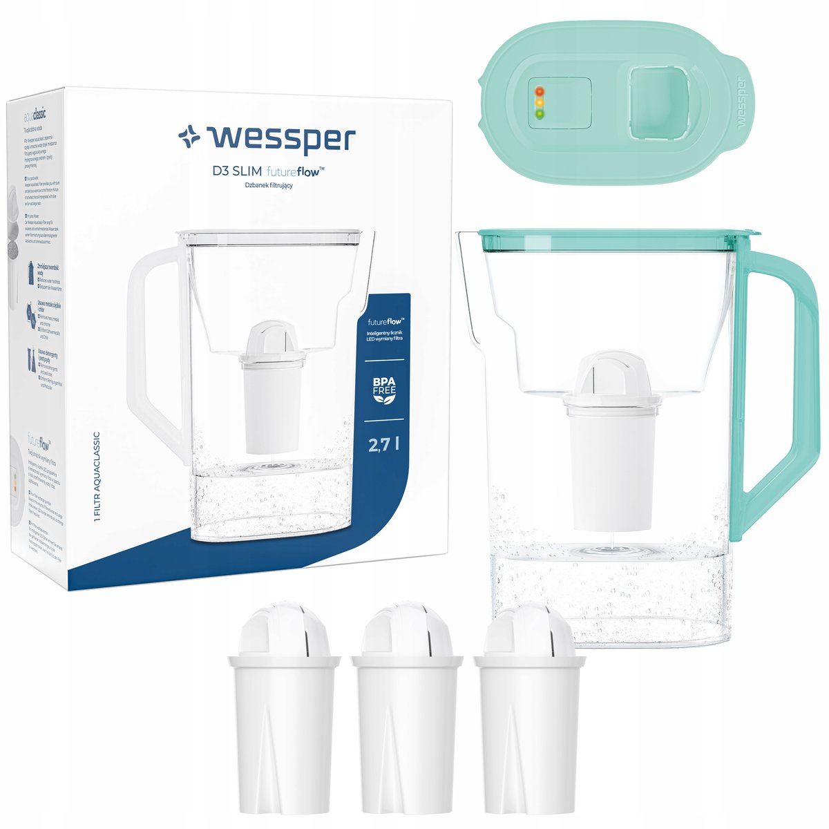 Dzbanek filtrujący do lodówki Wessper D3 Slim FutureFlow LED + 4x Filtr