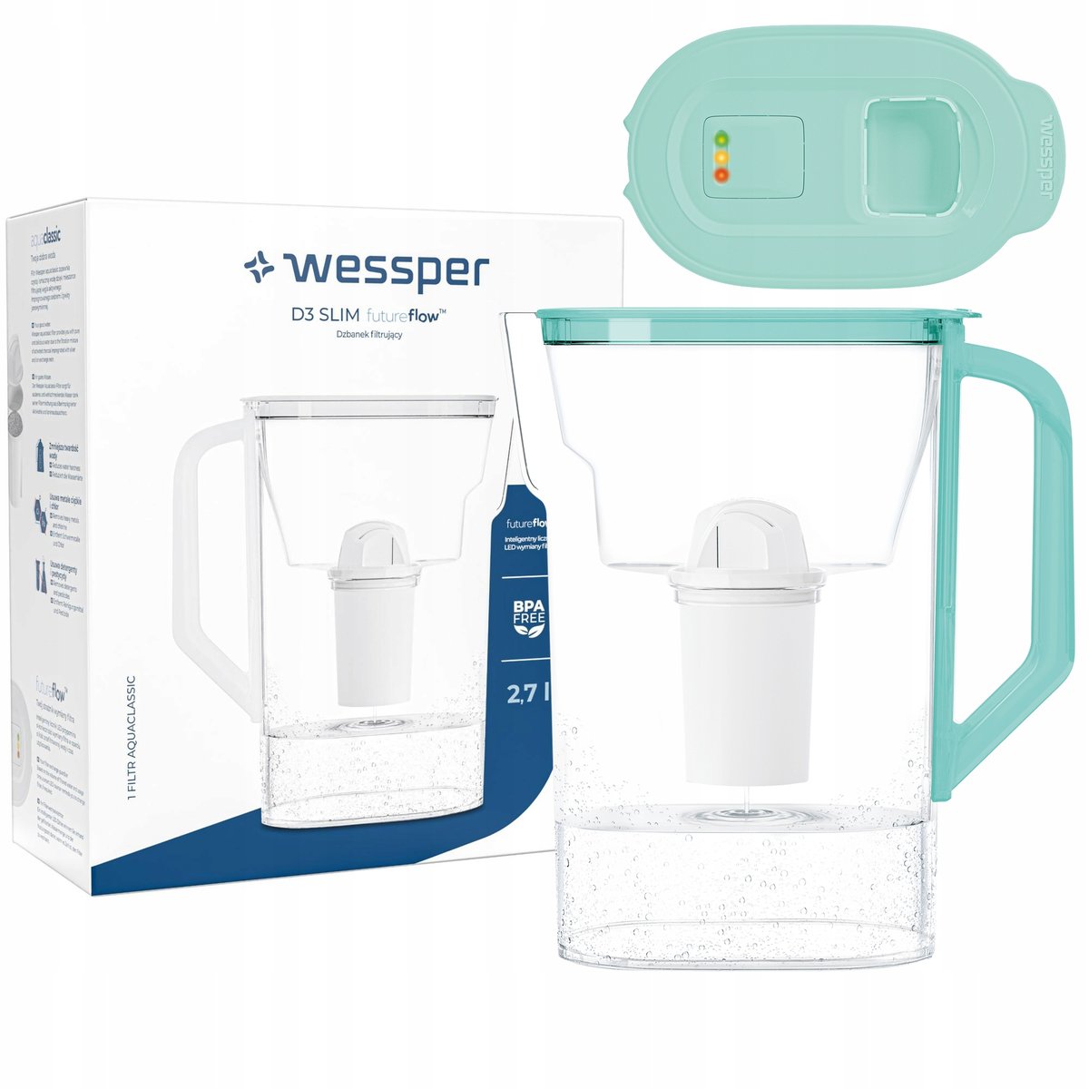 Dzbanek filtrujący wodę Wessper D3 Slim FutureFlow LED + 1x Filtr Wessper