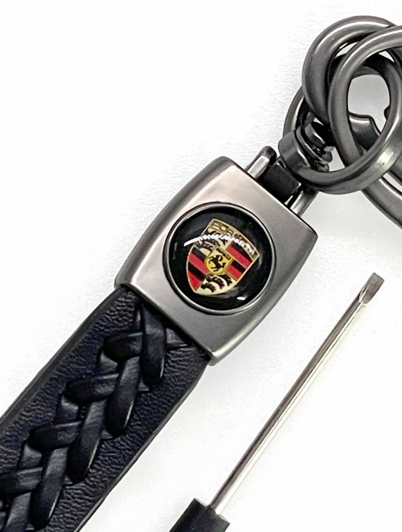 Brelok Do Kluczy Samochodowy Porsche Metal Skóra Breloczek skórzany warkocz