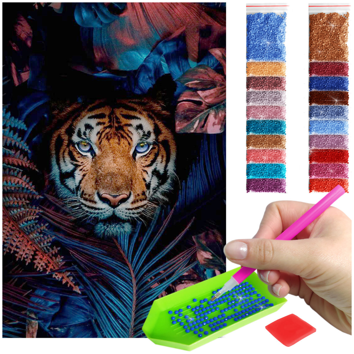 Haft Diamentowy ARTULIO, Obraz DIY 5D, Diamond Painting, Mozaika Diamentowa 40X60cm (Tygrys wśród barwnych roślin) + Zestaw Akcesoriów
