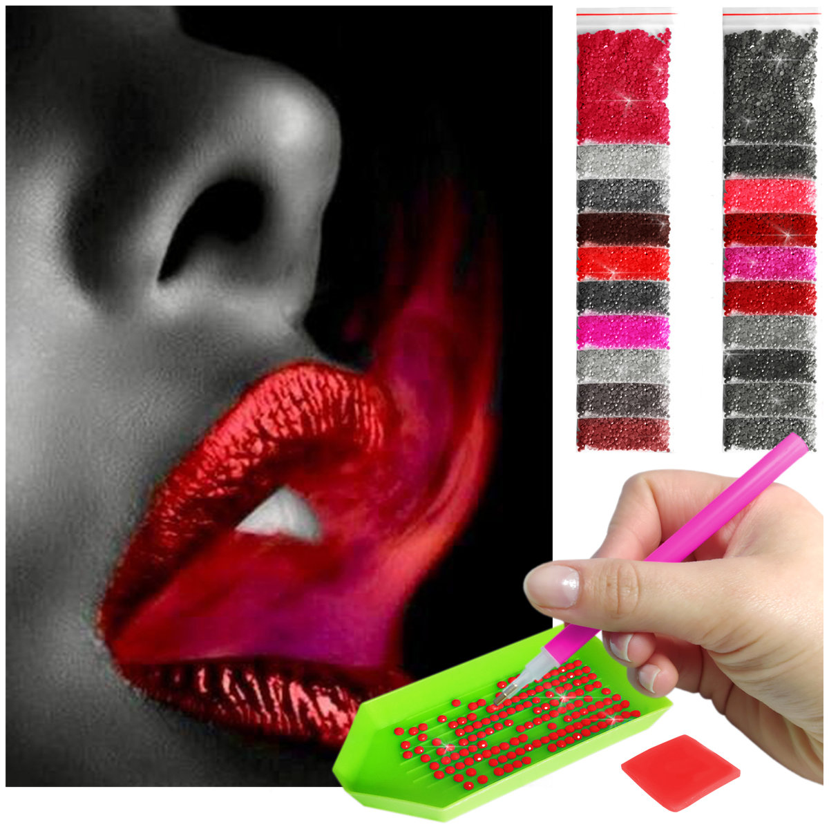 Haft Diamentowy ARTULIO, Obraz DIY 5D, Diamond Painting, Mozaika Diamentowa 40X60cm (Usta w kolorze czerwieni) + Zestaw Akcesoriów