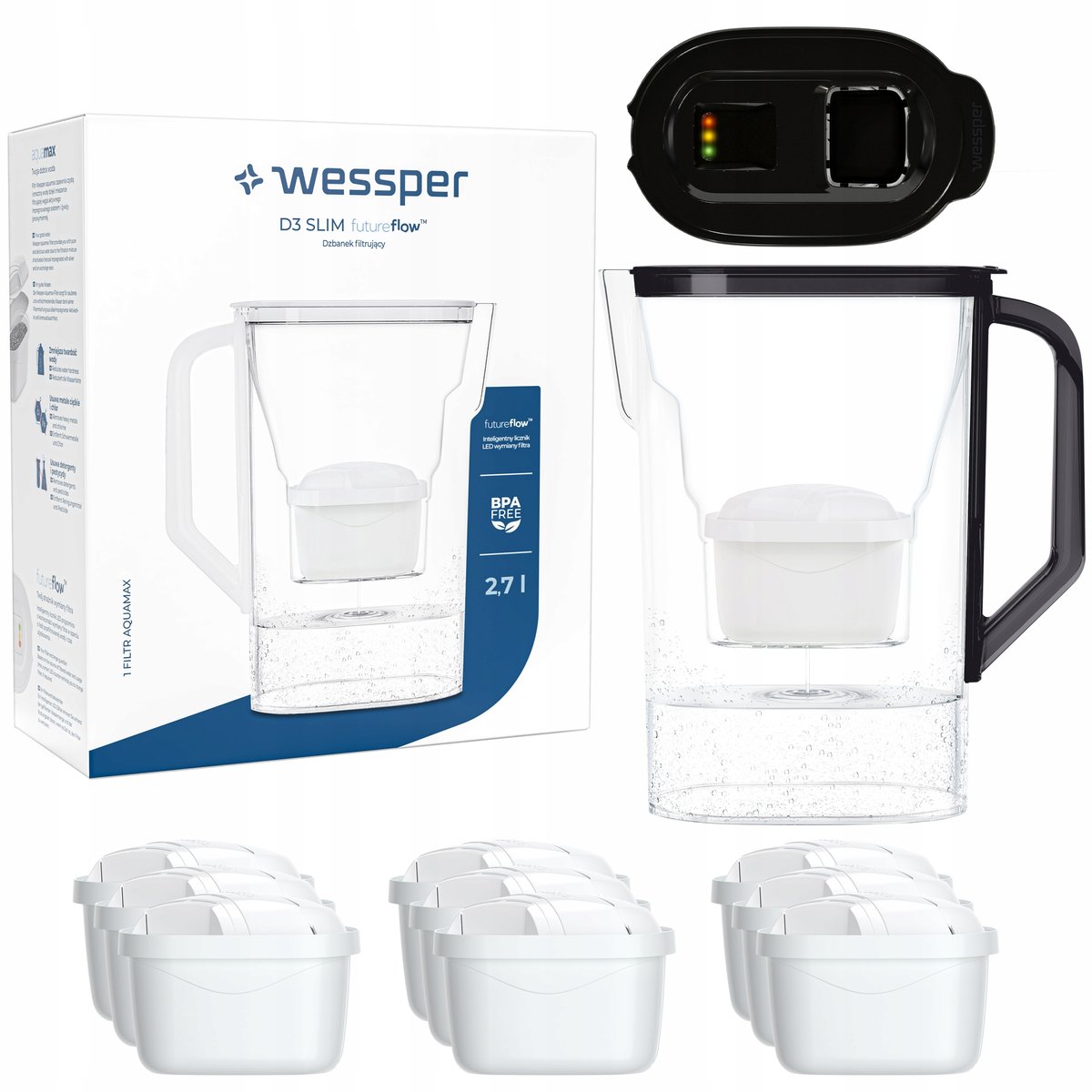 Dzbanek filtrujący do lodówki Wessper D3 Slim FutureFlow LED + 10x Filtr