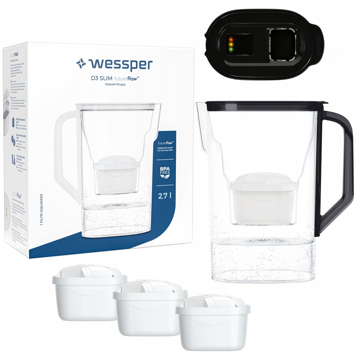 Dzbanek filtrujący do lodówki Wessper D3 Slim z licznikiem LED + 4x Filtr