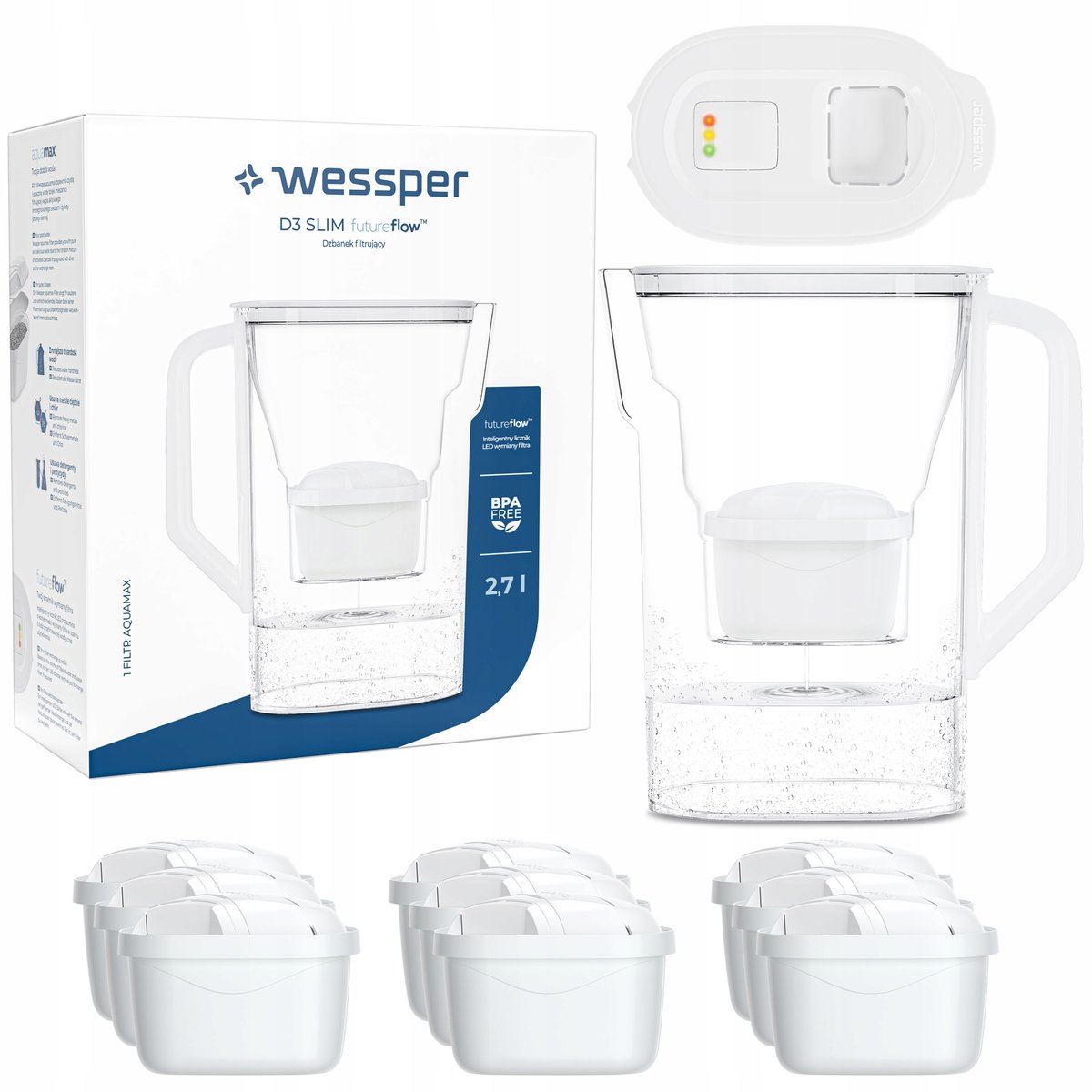 Dzbanek filtrujący do lodówki Wessper D3 Slim z licznikiem LED + 10x Filtr