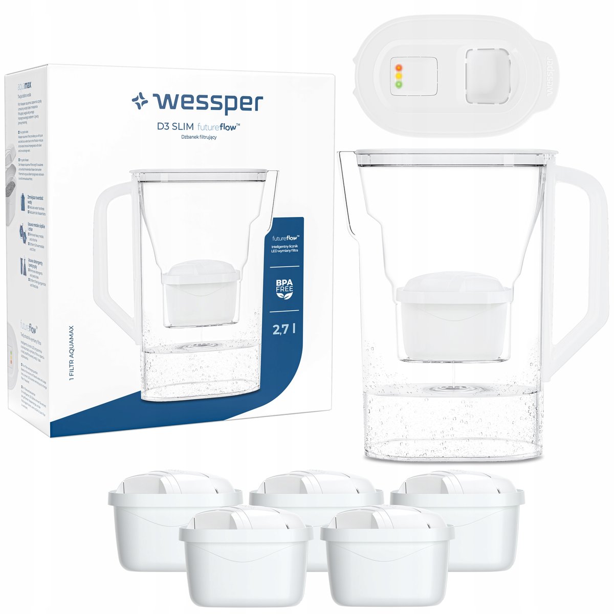 Dzbanek filtrujący do lodówki Wessper D3 Slim z licznikiem LED + 6x Filtr