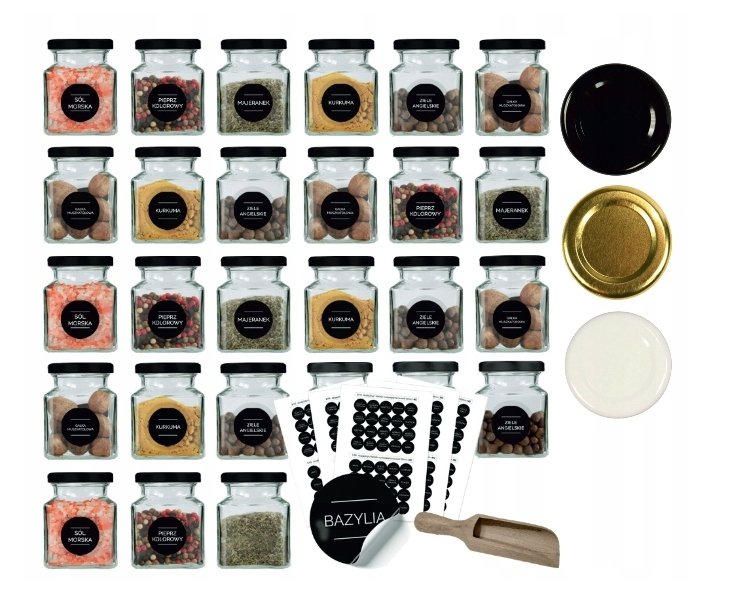 Słoik słoiczek szklany na przyprawy 120ml 20szt+200szt naklejek M2+łopatka