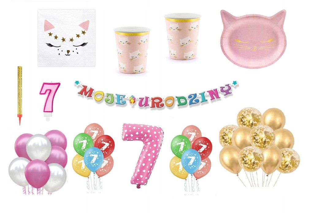 Zestaw Kotek 7 Urodziny Balony Talerzyki Kubeczki Baner świeczka fontanna