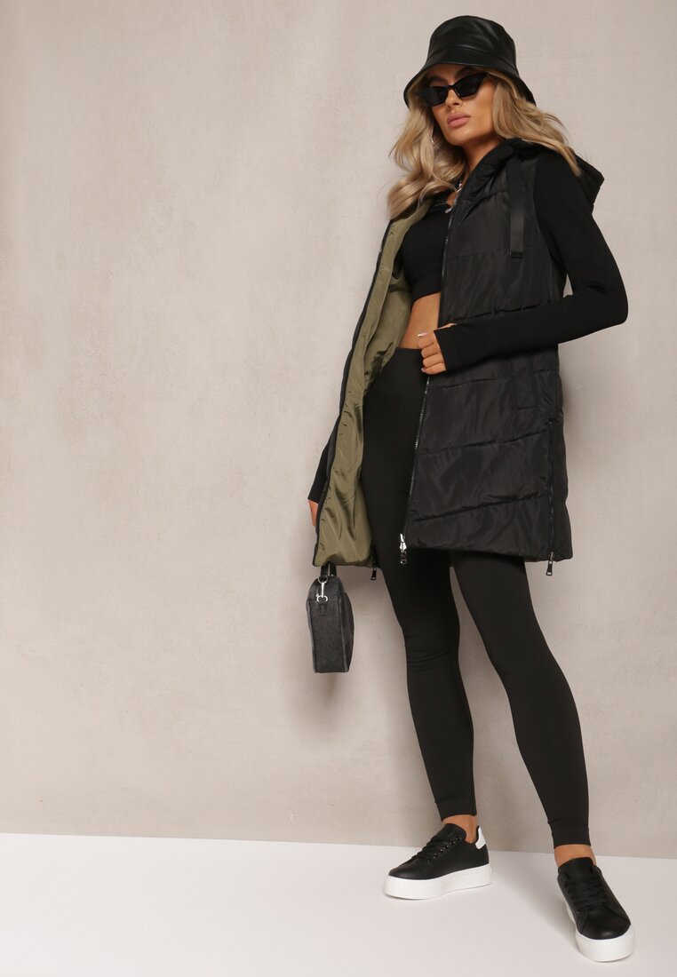 Czarna Długa Kamizelka Pikowana Dwustronna ze Sznurkami przy Kapturze Frenila