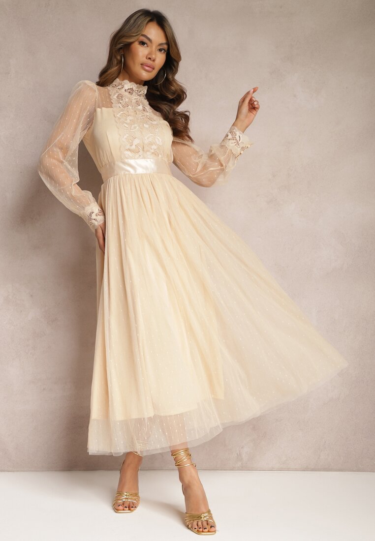 Beżowa Siateczkowa Sukienka Maxi o Rozkloszowanym Kroju z Ozdobną Koronką Narile
