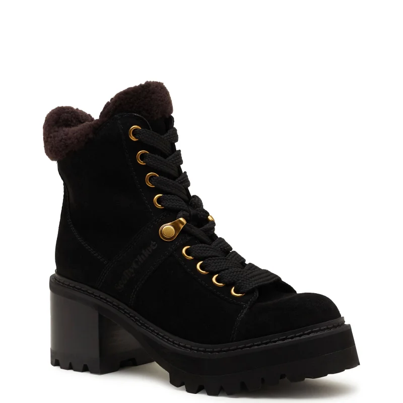 See By Chloé Botki na słupku shearling | zamsz