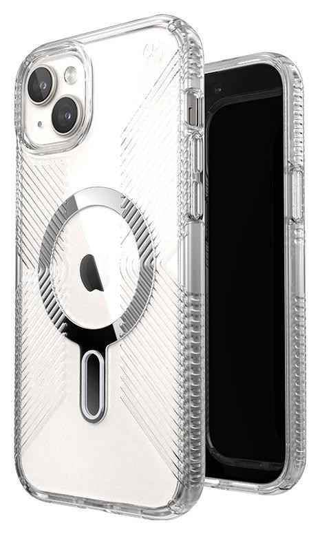 Speck Presidio Perfect-Clear Grip ClickLock & MagSafe do iPhone 15 Plus / iPhone 14 Plus (Clear / Chrome Finish / Serene Silver)