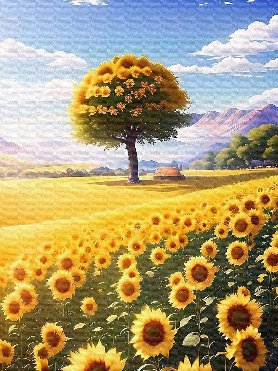 Haft Diamentowy Bez Ramy Pole Słoneczników 30x40 Mozaika Diamentowa 5d