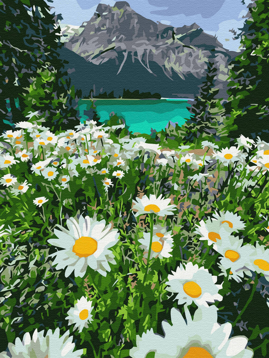 Haft Diamentowy Bez Ramy Kwiaty Górskie Rumiankowy Krajobraz 30x40 Mozaika Diamentowa 5d