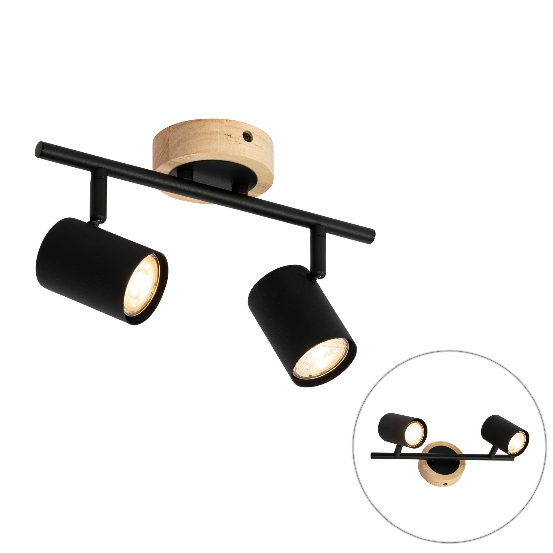 QAZQA Nowoczesna  czarna lampa punktowa z uchylnymi 2 lampami z drewna – Jeana
