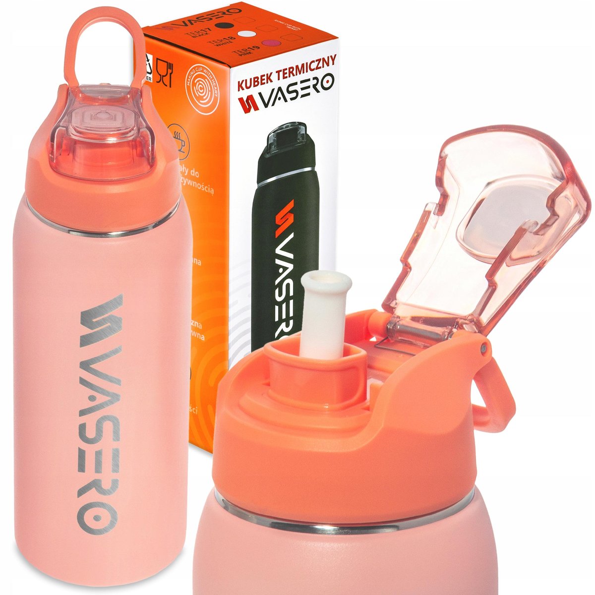 RÓŻOWY KUBEK TERMICZNY BIDON TERMOS PRÓŻNIOWY 750ml blokada uchwyt ustnik + SŁOMKA