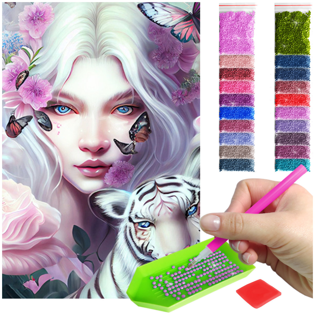 Haft Diamentowy ARTULIO, Obraz DIY 5D, Diamond Painting, Mozaika Diamentowa 40X60cm (Biało włosa kobieta z tygrysem) + Zestaw Akcesoriów