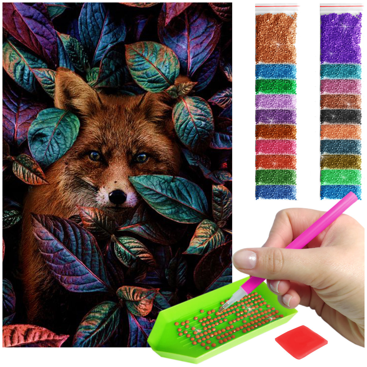 Haft Diamentowy ARTULIO, Obraz DIY 5D, Diamond Painting, Mozaika Diamentowa 40X60cm (Lis na środku kolorowych roślin) + Zestaw Akcesoriów