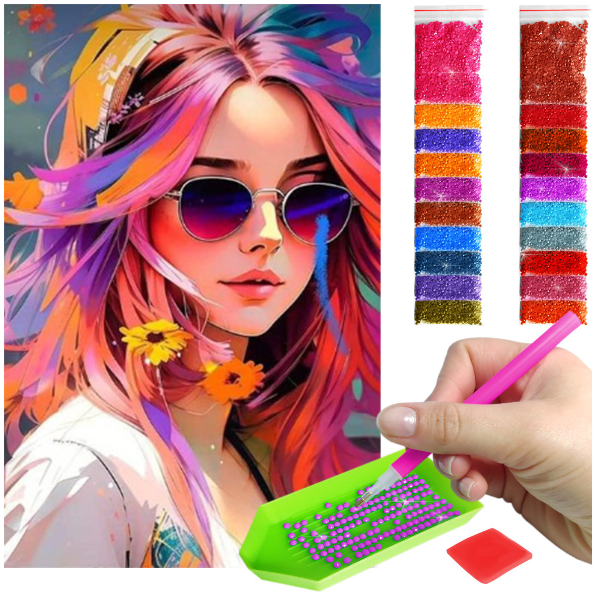 Haft Diamentowy ARTULIO, Obraz DIY 5D, Diamond Painting, Mozaika Diamentowa 40X60cm (Dziewczyna w jaskrawych kolorach) + Zestaw Akcesoriów