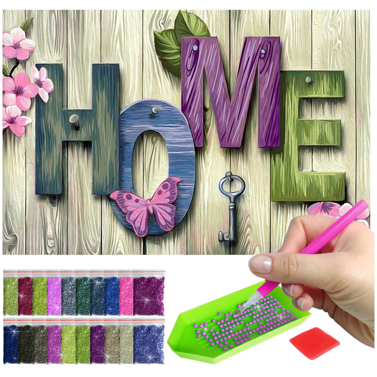 Haft Diamentowy ARTULIO, Obraz DIY 5D, Diamond Painting, Mozaika Diamentowa 40X60cm (Napis home na tle drewna) + Zestaw Akcesoriów