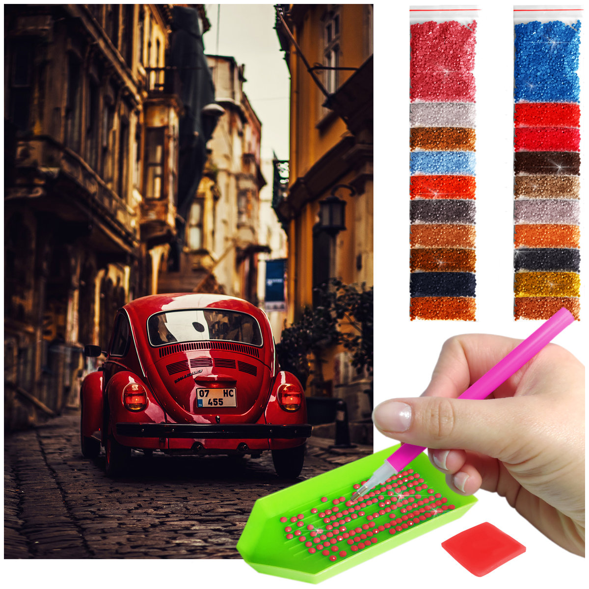 Haft Diamentowy ARTULIO, Obraz DIY 5D, Diamond Painting, Mozaika Diamentowa 40X60cm (Czerwony samochód pomiędzy budynkami) + Zestaw Akcesoriów