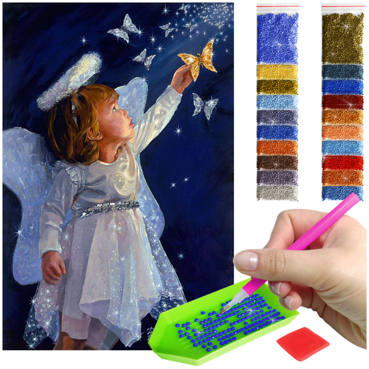 Haft Diamentowy ARTULIO, Obraz DIY 5D, Diamond Painting, Mozaika Diamentowa 40X60cm (Anioł z motylkiem) + Zestaw Akcesoriów