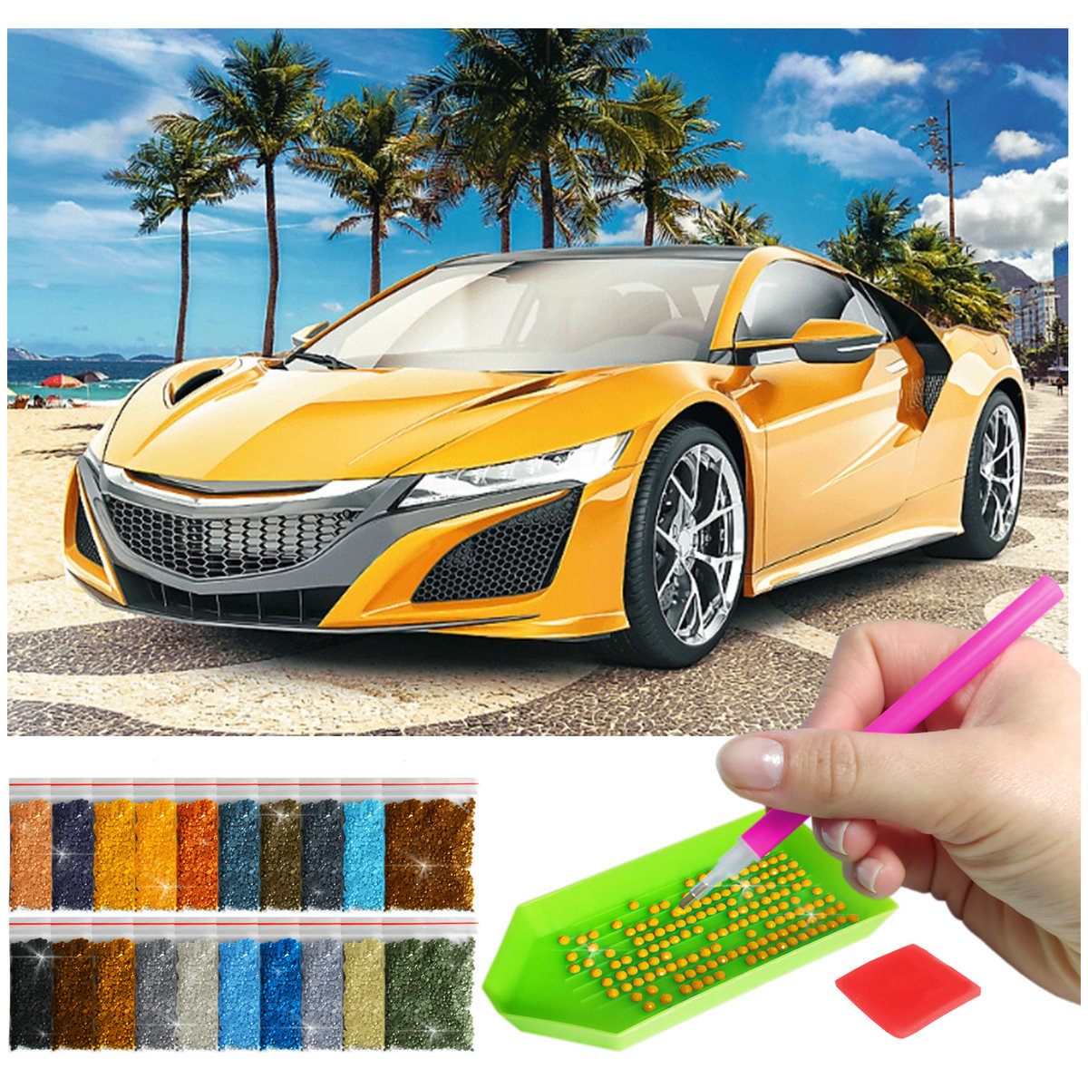 Haft Diamentowy ARTULIO, Obraz DIY 5D, Diamond Painting, Mozaika Diamentowa 40X60cm (Sportowy samochód na tropikalnej wyspie) + Zestaw Akcesoriów