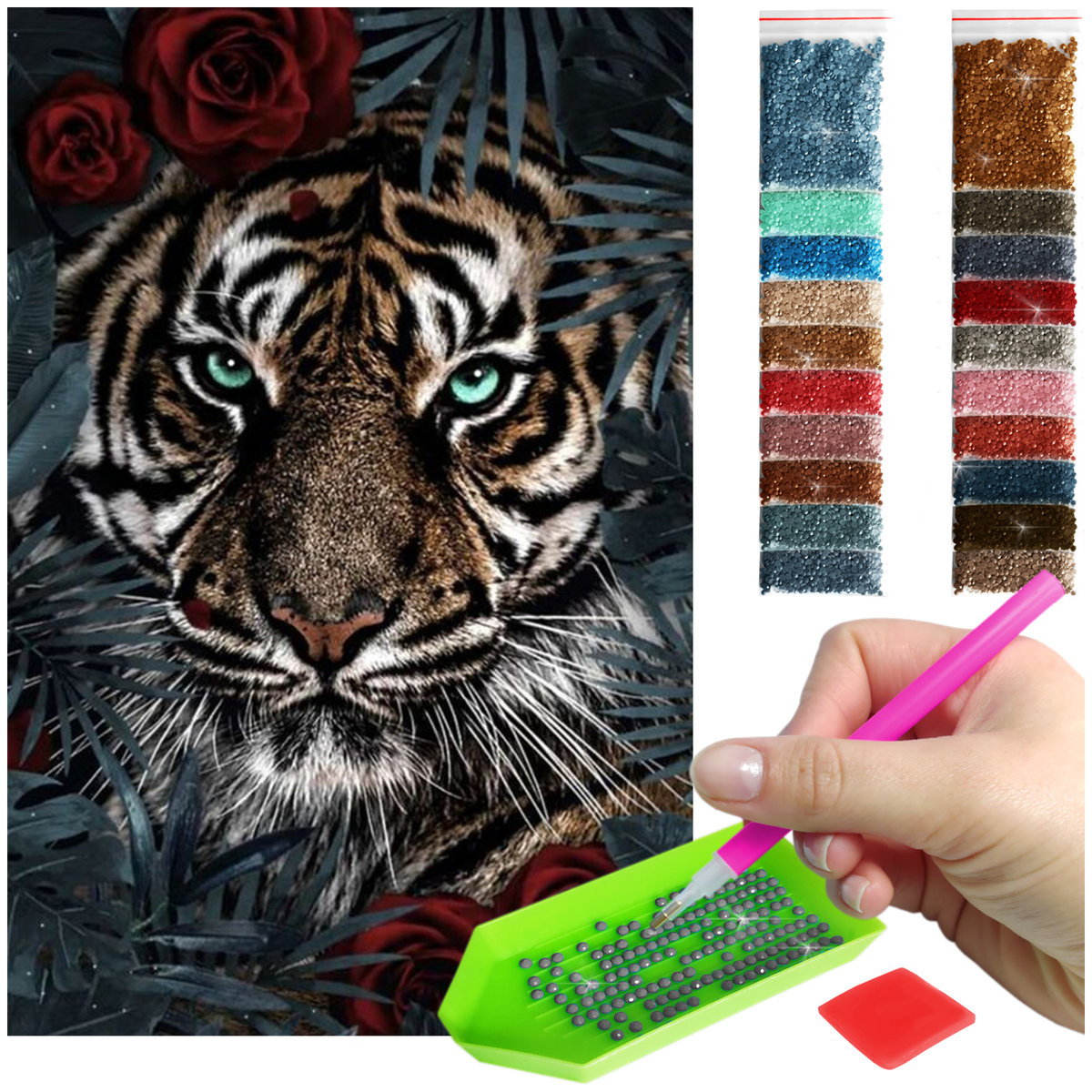 Haft Diamentowy ARTULIO, Obraz DIY 5D, Diamond Painting, Mozaika Diamentowa 40X60cm (Tygrys otoczony różami) + Zestaw Akcesoriów