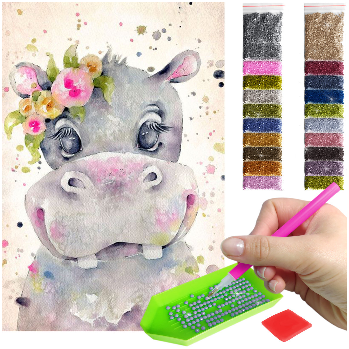 Haft Diamentowy ARTULIO, Obraz DIY 5D, Diamond Painting, Mozaika Diamentowa 40X60cm (Malowniczy hipopotam) + Zestaw Akcesoriów