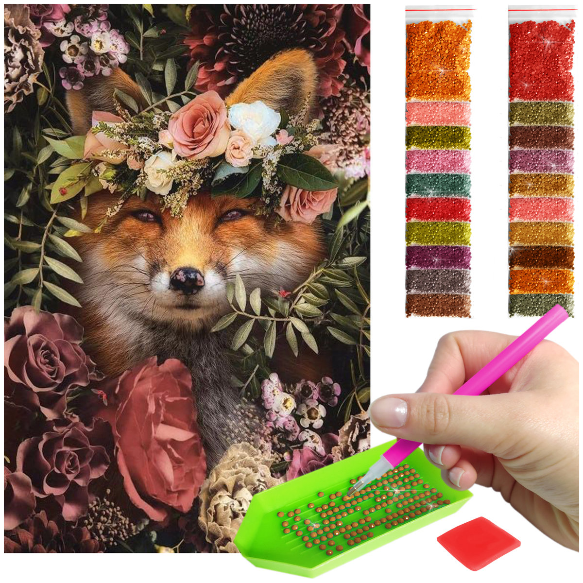 Haft Diamentowy ARTULIO, Obraz DIY 5D, Diamond Painting, Mozaika Diamentowa 40X60cm (Lis wśród malowniczych kwiatów) + Zestaw Akcesoriów