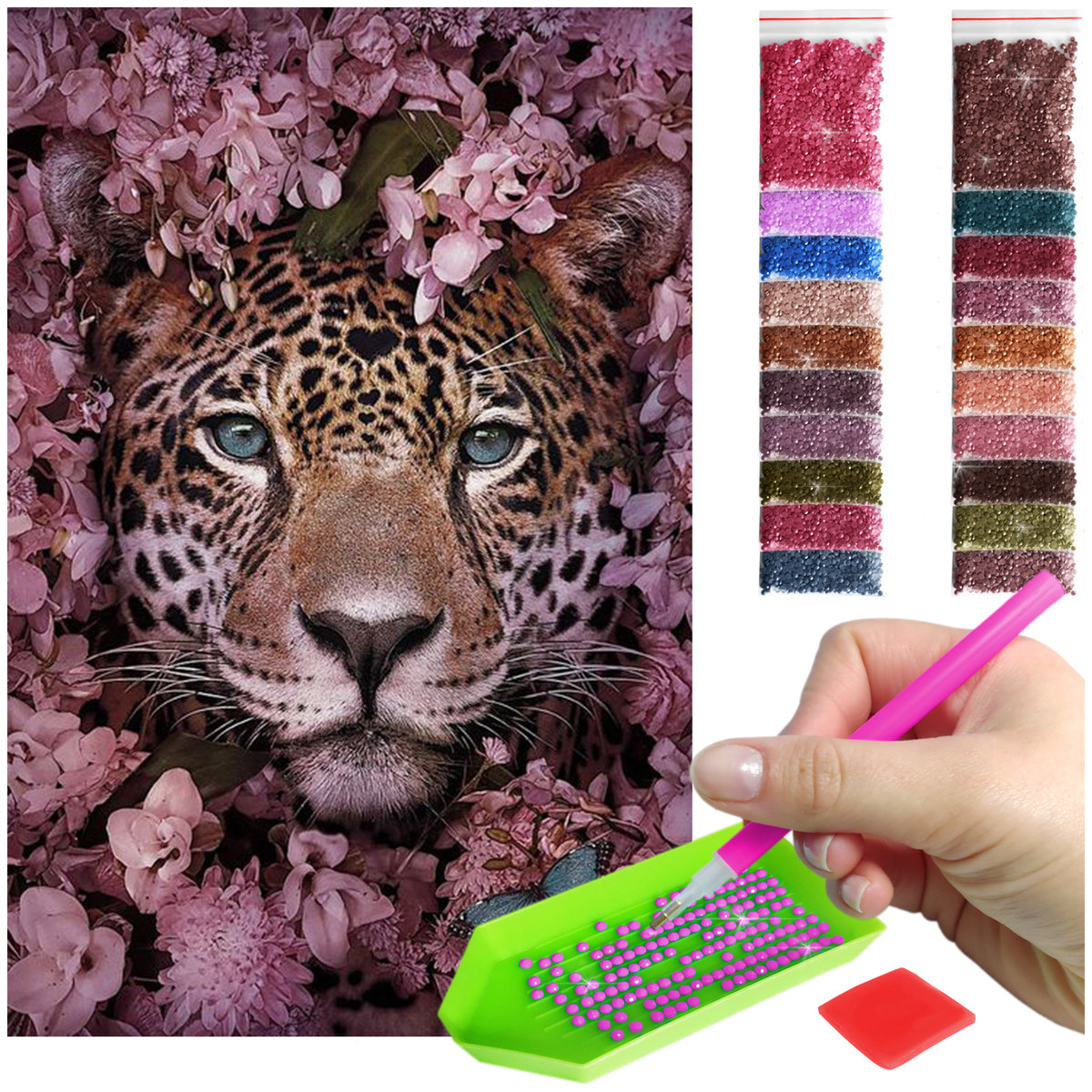 Haft Diamentowy ARTULIO, Obraz DIY 5D, Diamond Painting, Mozaika Diamentowa 40X60cm (Tygrys otoczony pudrowymi kwiatami) + Zestaw Akcesoriów