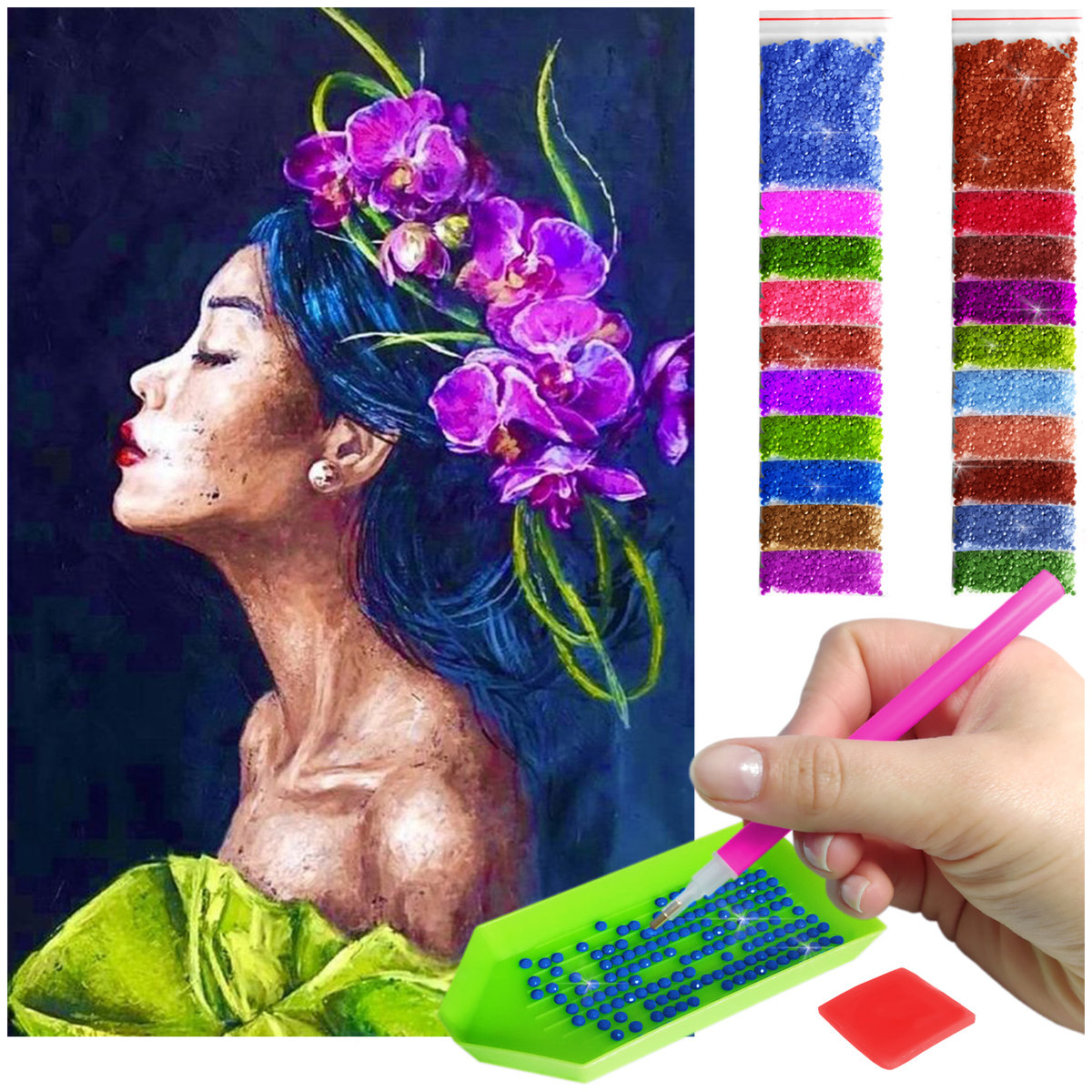 Haft Diamentowy ARTULIO, Obraz DIY 5D, Diamond Painting, Mozaika Diamentowa 40X60cm (Piękna dziewczyna w wianku) + Zestaw Akcesoriów