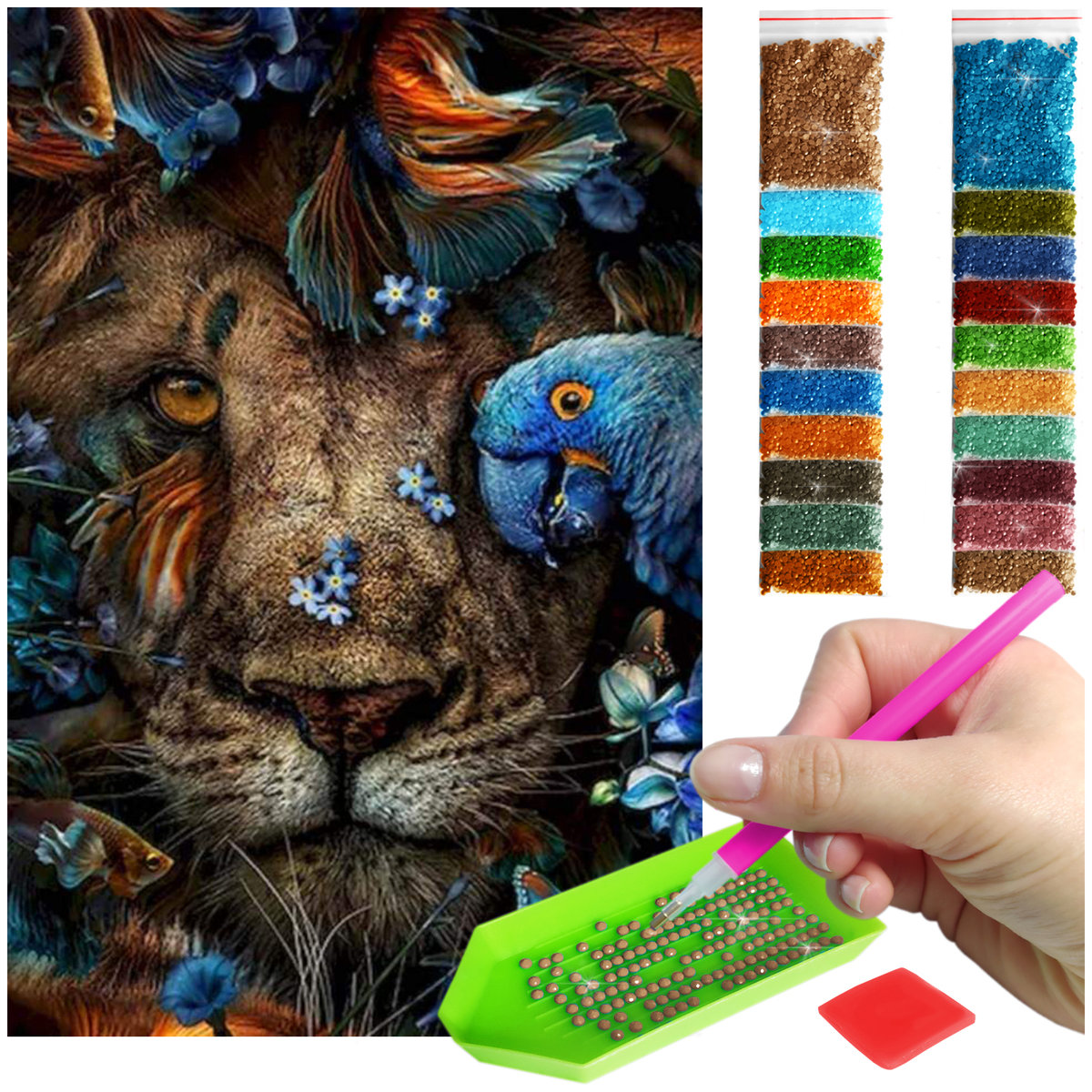 Haft Diamentowy ARTULIO, Obraz DIY 5D, Diamond Painting, Mozaika Diamentowa 40X60cm (Lew z niebieska papugą) + Zestaw Akcesoriów