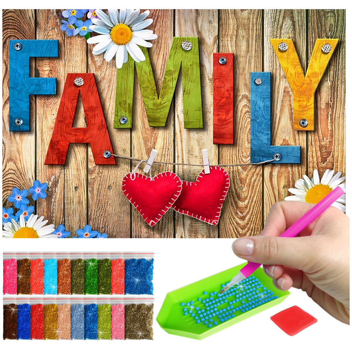 Haft Diamentowy ARTULIO, Obraz DIY 5D, Diamond Painting, Mozaika Diamentowa 40X60cm (Napis family na tle drewna) + Zestaw Akcesoriów