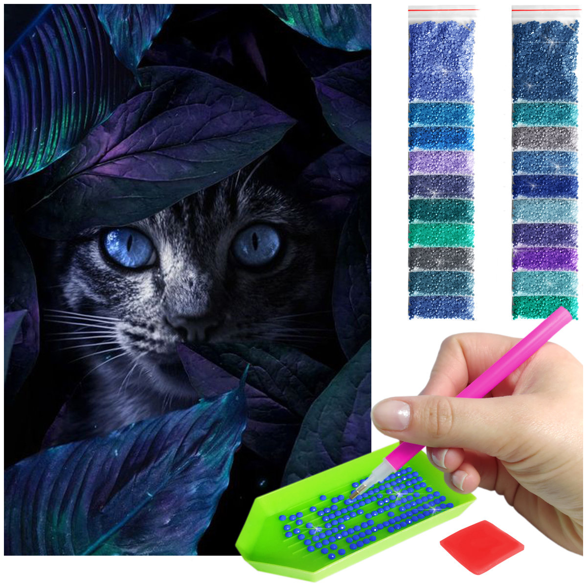 Haft Diamentowy ARTULIO, Obraz DIY 5D, Diamond Painting, Mozaika Diamentowa 40X60cm (Kot pośród magicznych liści) + Zestaw Akcesoriów