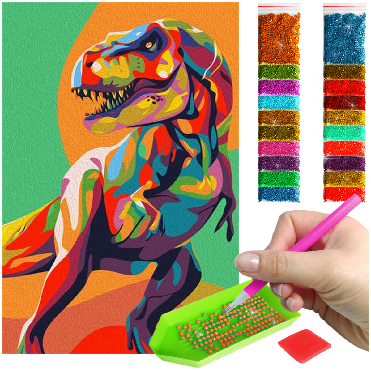 Haft Diamentowy ARTULIO, Obraz DIY 5D, Diamond Painting, Mozaika Diamentowa 40X60cm (Barwny dinozaur) + Zestaw Akcesoriów