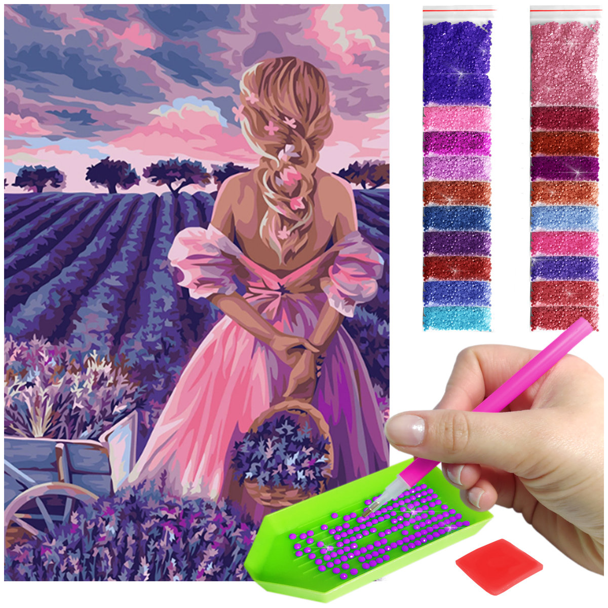 Haft Diamentowy ARTULIO, Obraz DIY 5D, Diamond Painting, Mozaika Diamentowa 40X60cm (Dziewczyna na lawendowym polu) + Zestaw Akcesoriów