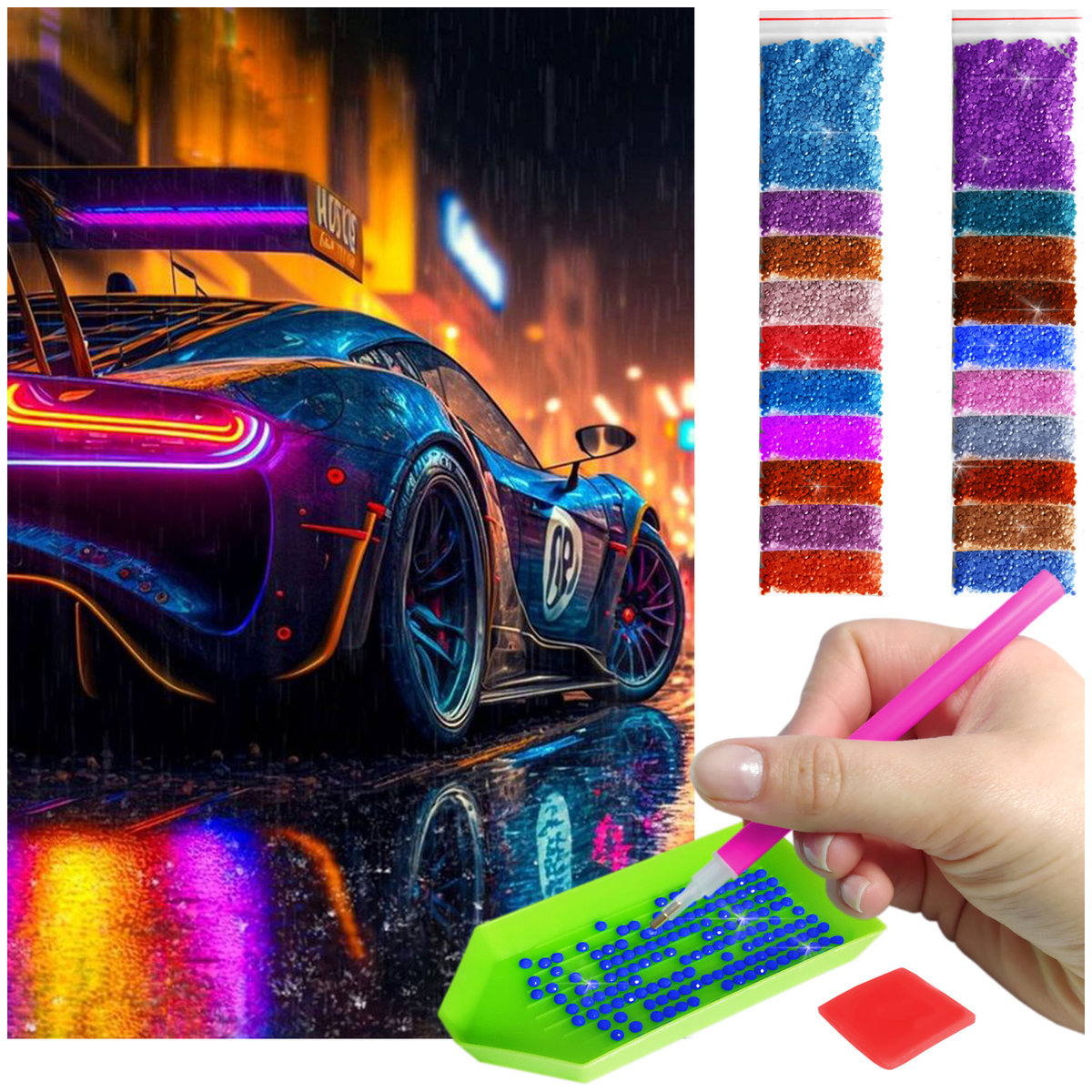 Haft Diamentowy ARTULIO, Obraz DIY 5D, Diamond Painting, Mozaika Diamentowa 40X60cm (Sportowy samochód na tle nocnego miasta) + Zestaw Akcesoriów