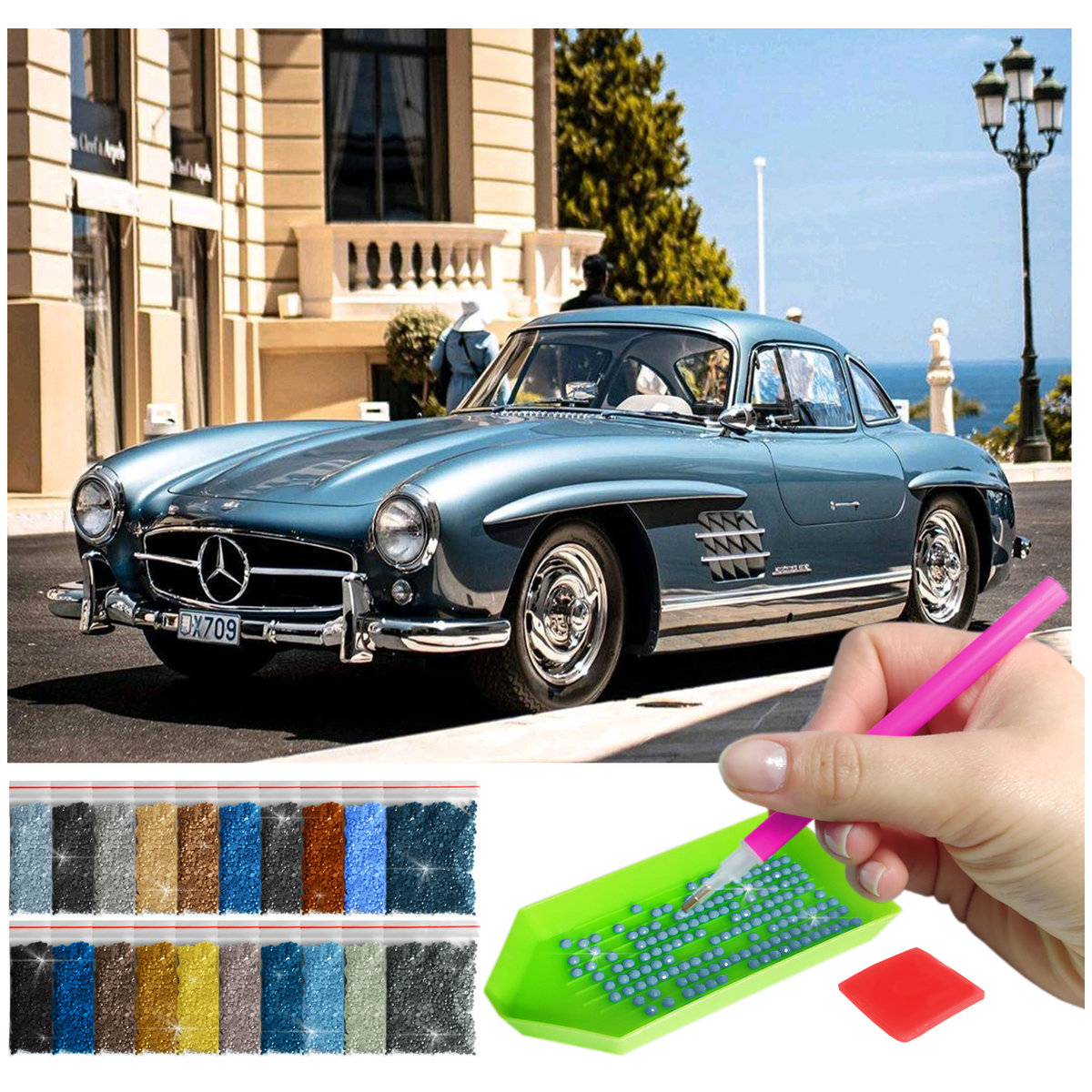 Haft Diamentowy ARTULIO, Obraz DIY 5D, Diamond Painting, Mozaika Diamentowa 40X60cm (Niebieski samochód na tle budynku) + Zestaw Akcesoriów