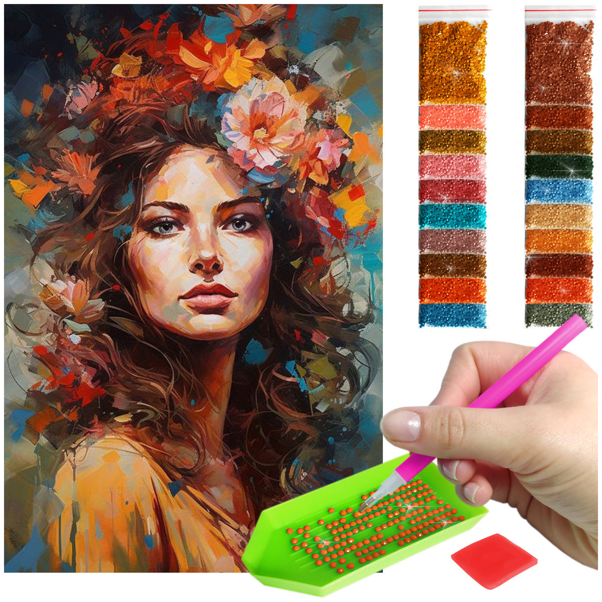 Haft Diamentowy ARTULIO, Obraz DIY 5D, Diamond Painting, Mozaika Diamentowa 40X60cm (Piękna kobieta pośród kwiatów) + Zestaw Akcesoriów