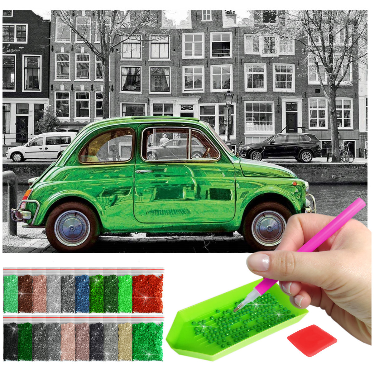 Haft Diamentowy ARTULIO, Obraz DIY 5D, Diamond Painting, Mozaika Diamentowa 40X60cm (Zielony samochód na tle szarego miasta) + Zestaw Akcesoriów