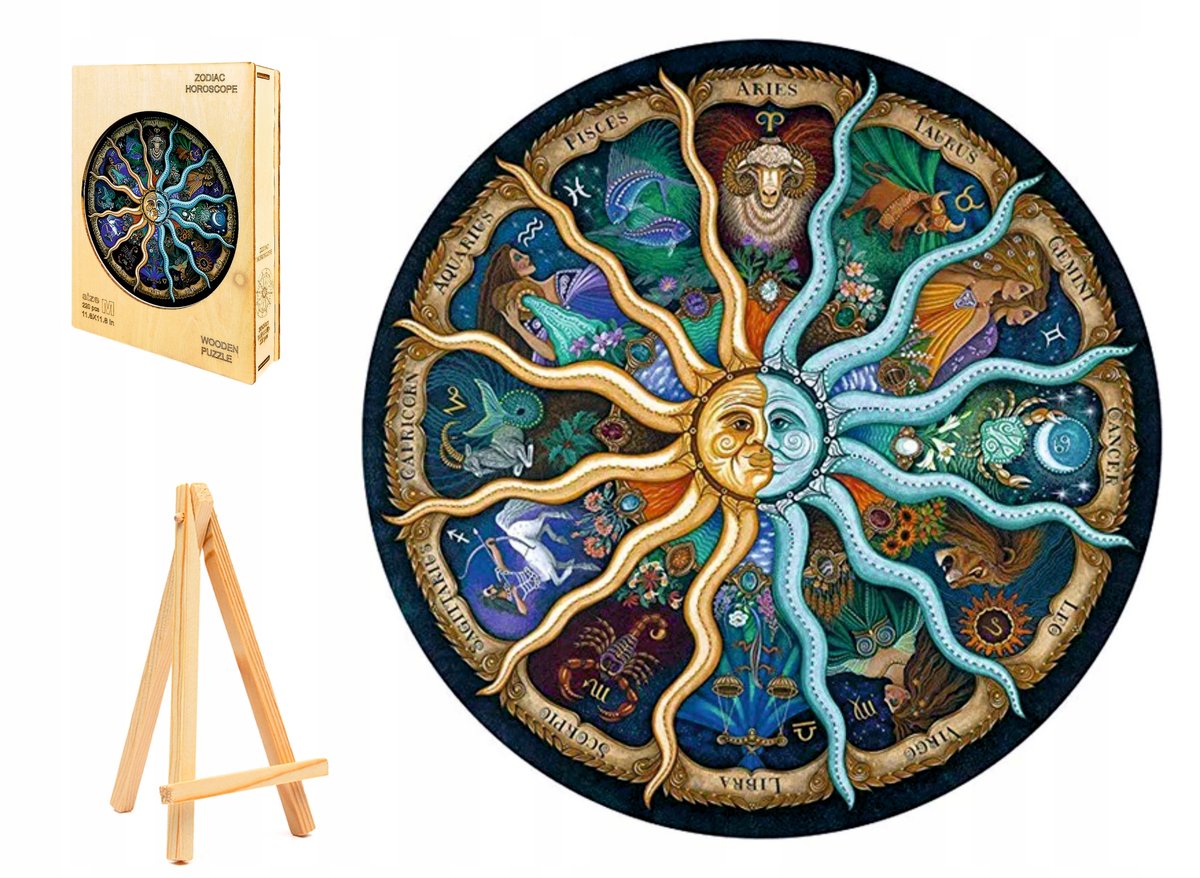 PUZZLE DREWNIANE DUŻE 343 ELEMENTY ZNAKI ZODIAKU W DREWNIANYM PUDEŁKU