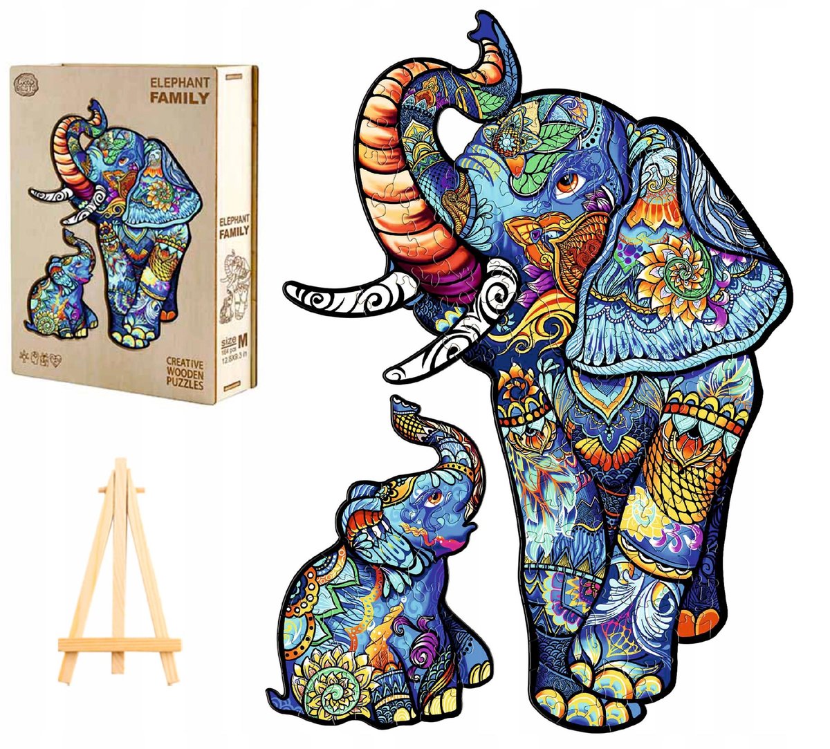 PUZZLE DREWNIANE DUŻE 265 ELEMENTÓW RODZINA SŁONI SŁOŃ W DREWNIANYM PUDEŁKU