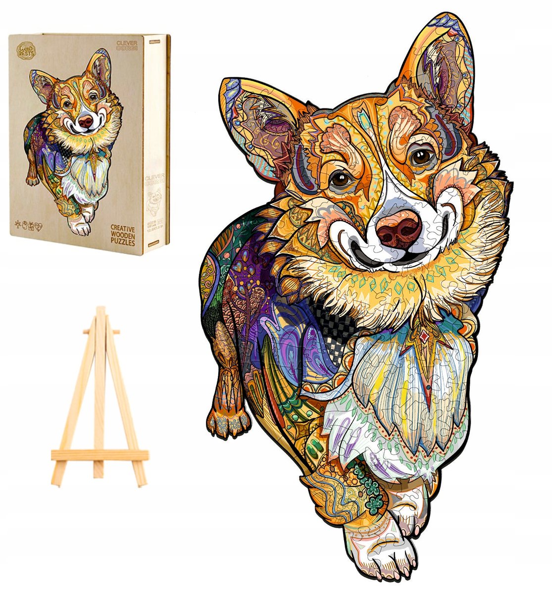 PUZZLE DREWNIANE DUŻE 228 ELEMENTÓW WELSH CORGI W DREWNIANYM PUDEŁKU