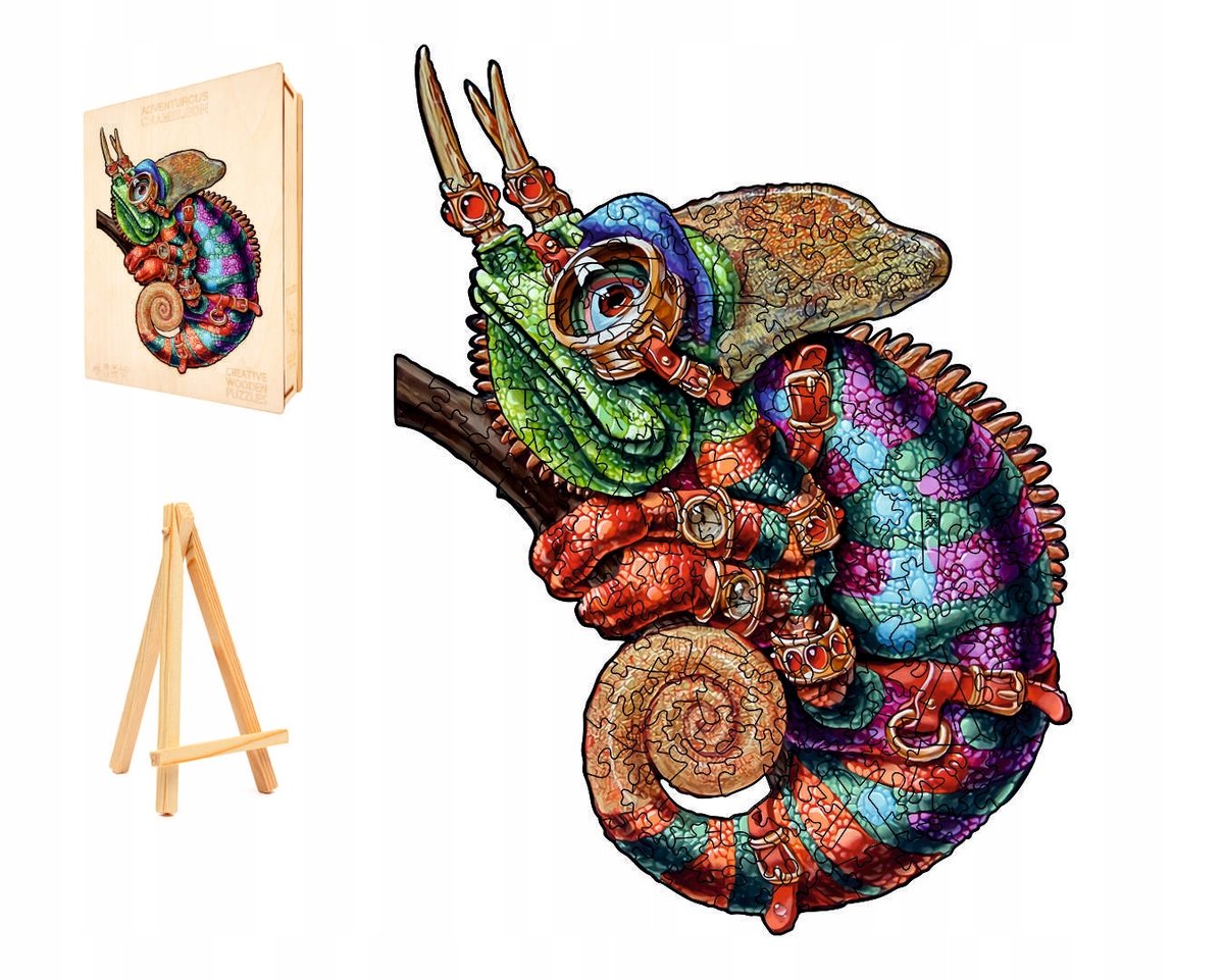 PUZZLE DREWNIANE DUŻE 247 ELEMENTÓW KAMELEON W DREWNIANYM PUDEŁKU
