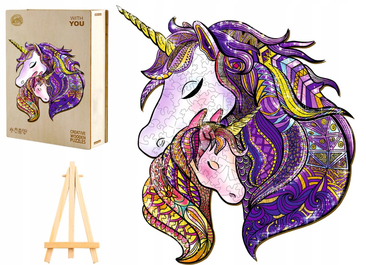 PUZZLE DREWNIANE DUŻE 332 ELEMENTY JEDNOROŻEC W DREWNIANYM PUDEŁKU