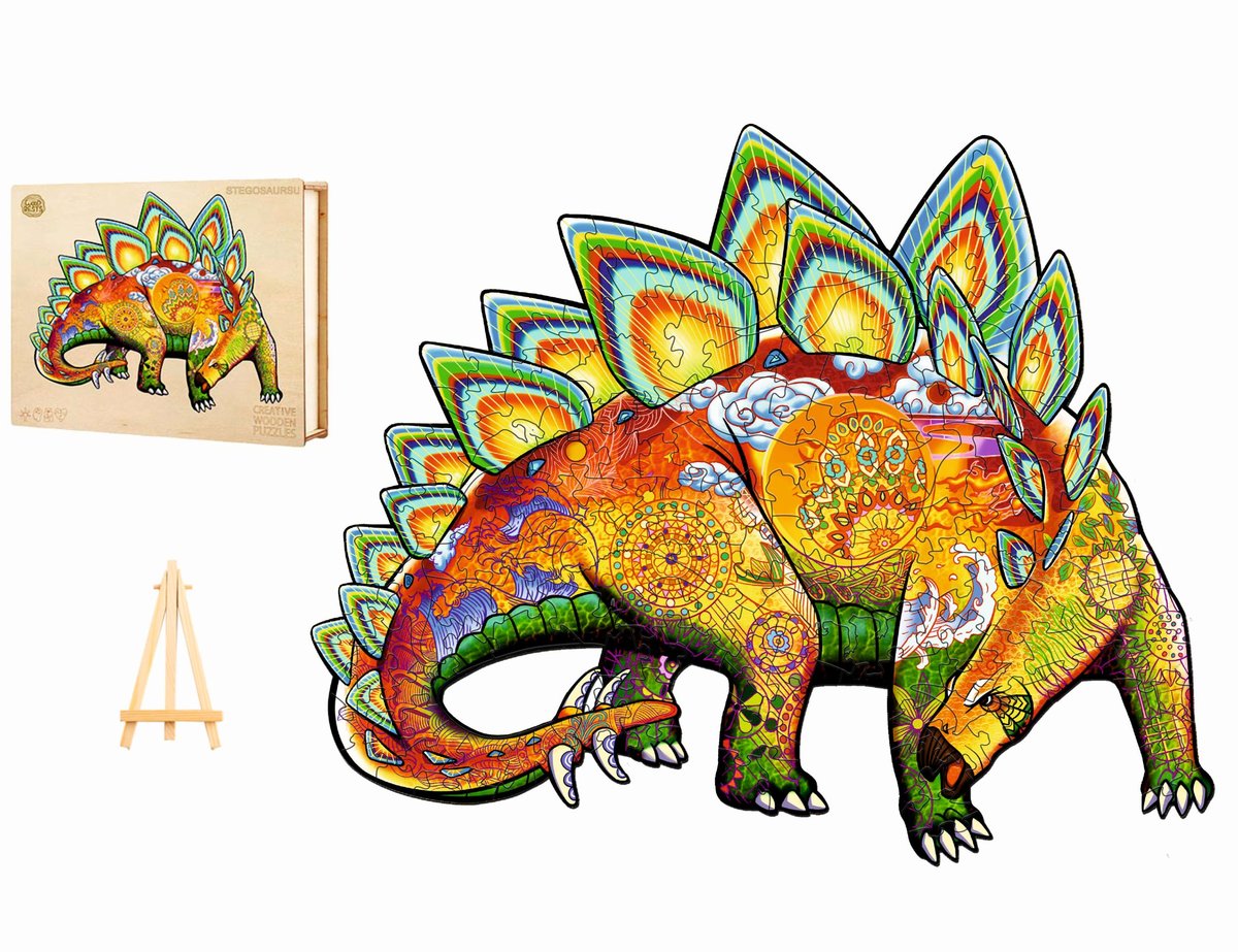 PUZZLE DREWNIANE DUŻE 263 ELEMENTY DINOZAUR STEGOZAUR W DREWNIANYM PUDEŁKU