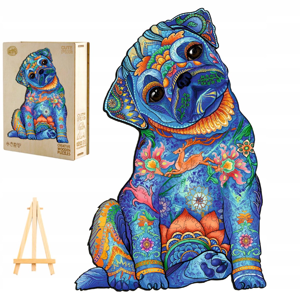 PUZZLE DREWNIANE DLA DOROSŁYCH DUŻE 300 ELEMENTÓW MOPS W DREWNIANYM PUDEŁKU